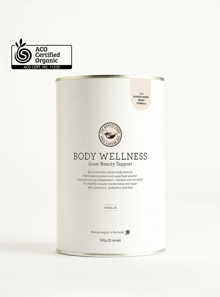 The beauty chef body wellness inner beauty support container with ACO Certified Organic logo on a white background