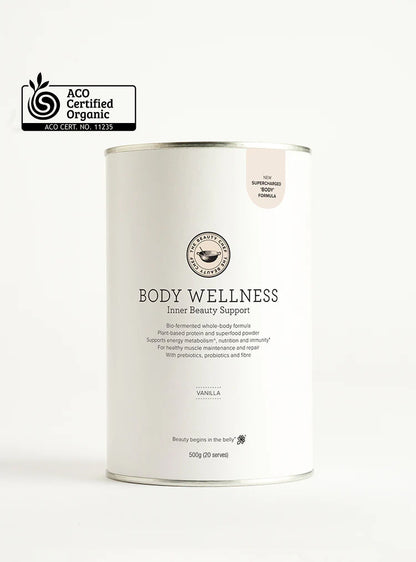 The beauty chef body wellness inner beauty support container with ACO Certified Organic logo on a white background