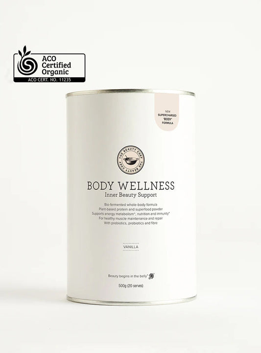 The beauty chef body wellness inner beauty support container with ACO Certified Organic logo on a white background