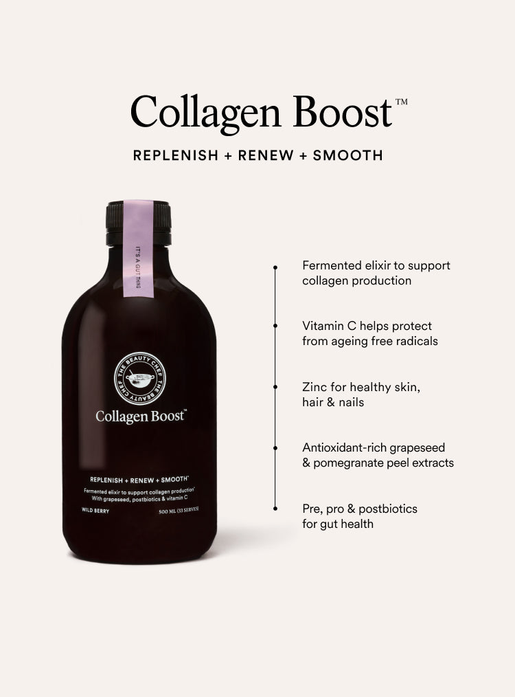 The beauty chef collagen boost bottle with product benefits on a white background