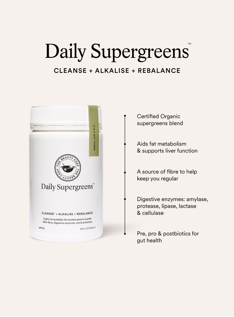 Daily Supergreens supplement bottle with product benefits on a white background