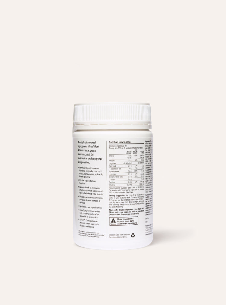 White supplement container of daily supergreens with label on a white background