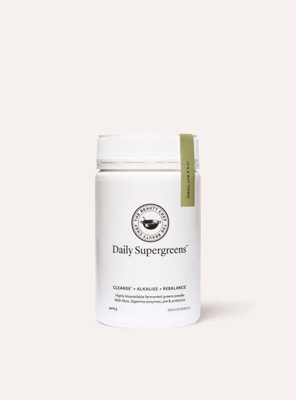 White container of 'Daily Supergreens' on a white background