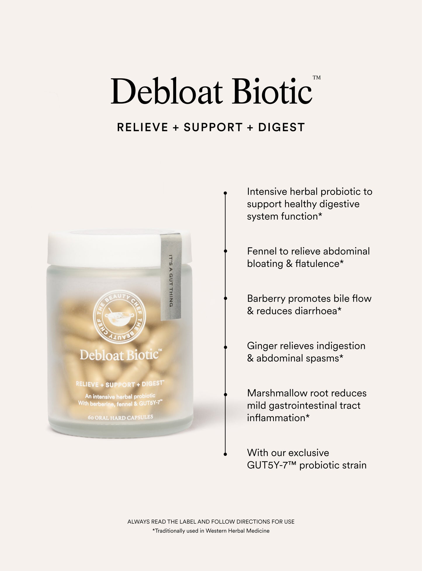 Debloat Biotic supplement container with benefits on a white background