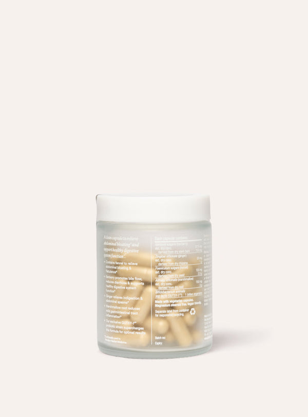 Jar of debloat biotic supplements on a white background