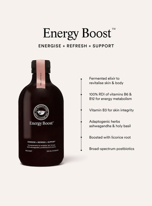 Bottle of Energy Boost with product benefits on a white background