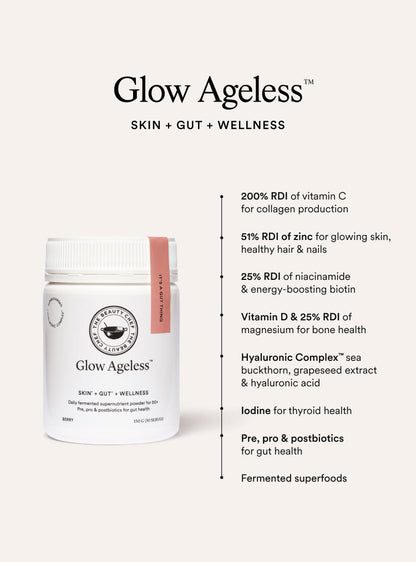 Glow Ageless supplement bottle with product benefits on a white background