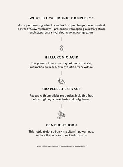 Explanation of hyaluronic complex with ingredients and their benefits on a white background.