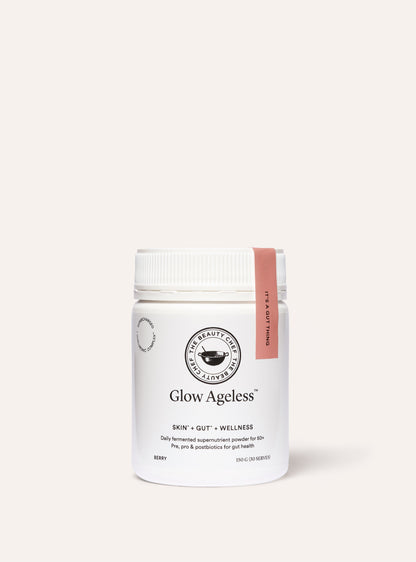 Supplement bottle labeled 'Glow Ageless' on a white background