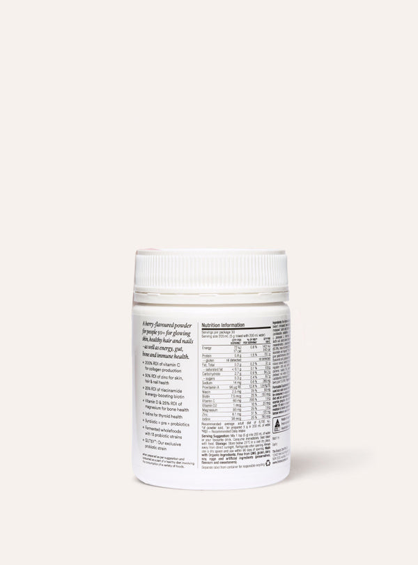 White supplement container of glow ageless with nutritional label on a white background