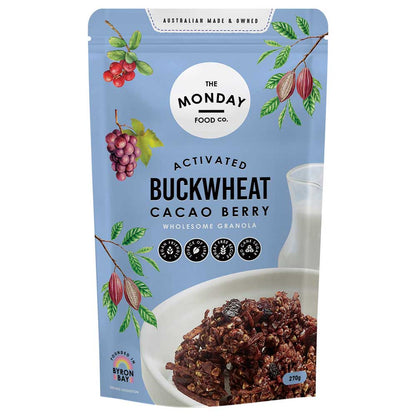 Package of The Monday Food Co. Activated Buckwheat Cacao Berry granola with blue background and granola image.
