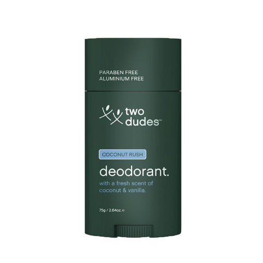 Two Dudes deodorant stick with coconut rush scent on a white background