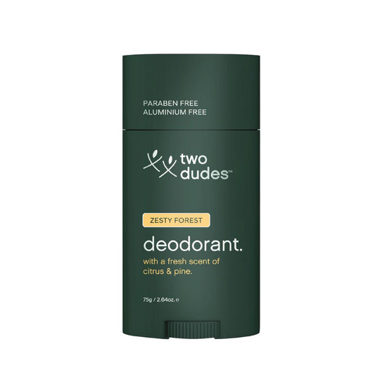 Two Dudes Zesty Forest deodorant stick on a white background