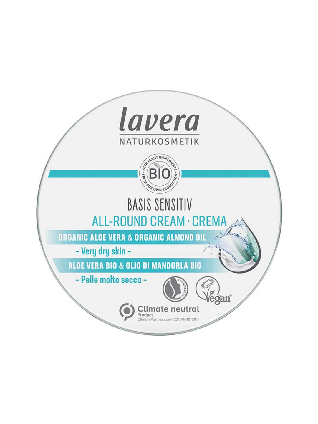 Round silver-coloured Lavera Basis Sensitiv All-Round Cream tin viewed from above, with a white lid label, turquoise stripes, blue water droplets and a central Bio seal.