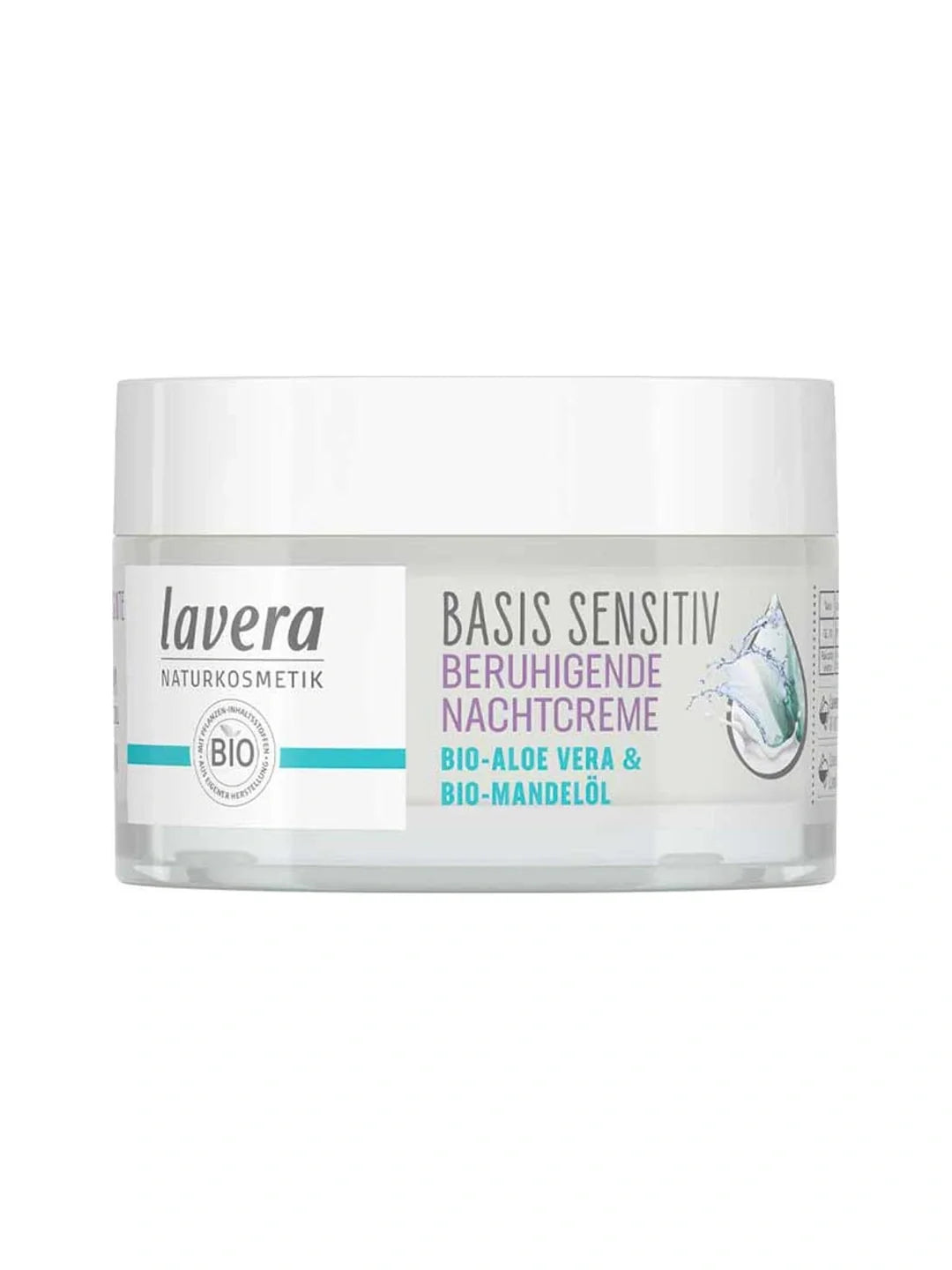 Low clear jar of Lavera Basis Sensitiv Calming Night Cream with a wide white lid, a pale label with turquoise accents and a water-droplet graphic.