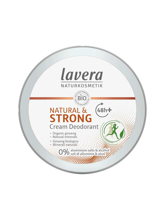 Round silver-coloured Lavera Natural & Strong deodorant cream tin viewed from above, with a white label, orange lettering and a green circular figure graphic.