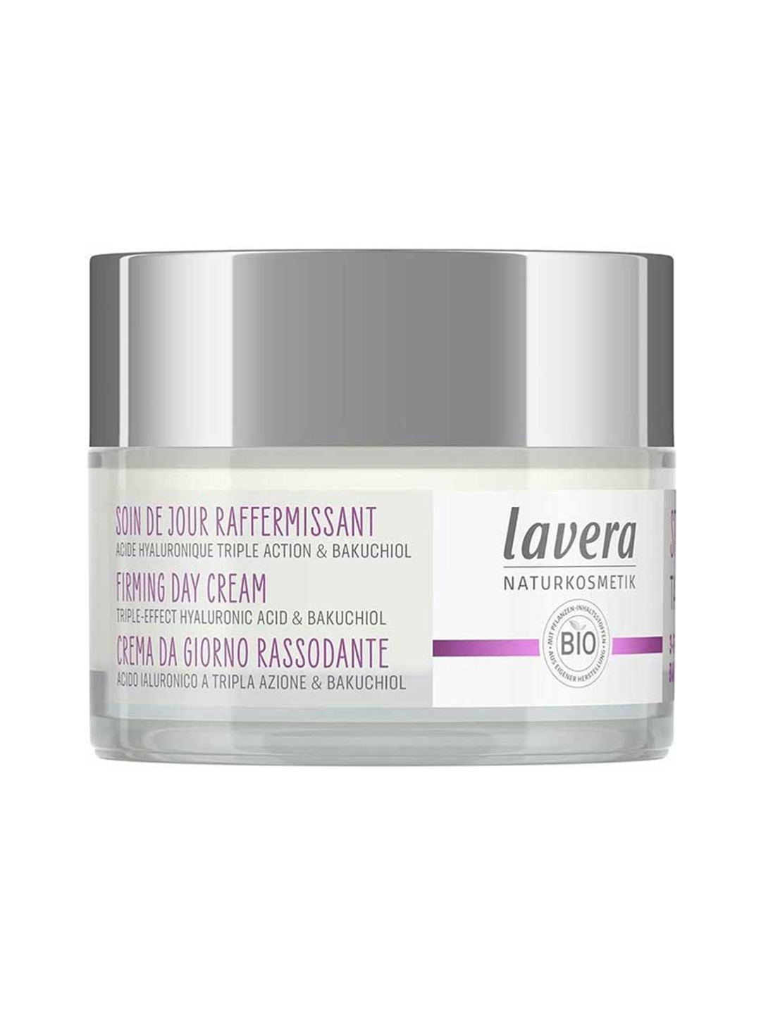 Low clear Lavera Firming Day Cream jar with a wide reflective silver lid, a white label, purple lettering and a horizontal purple stripe.