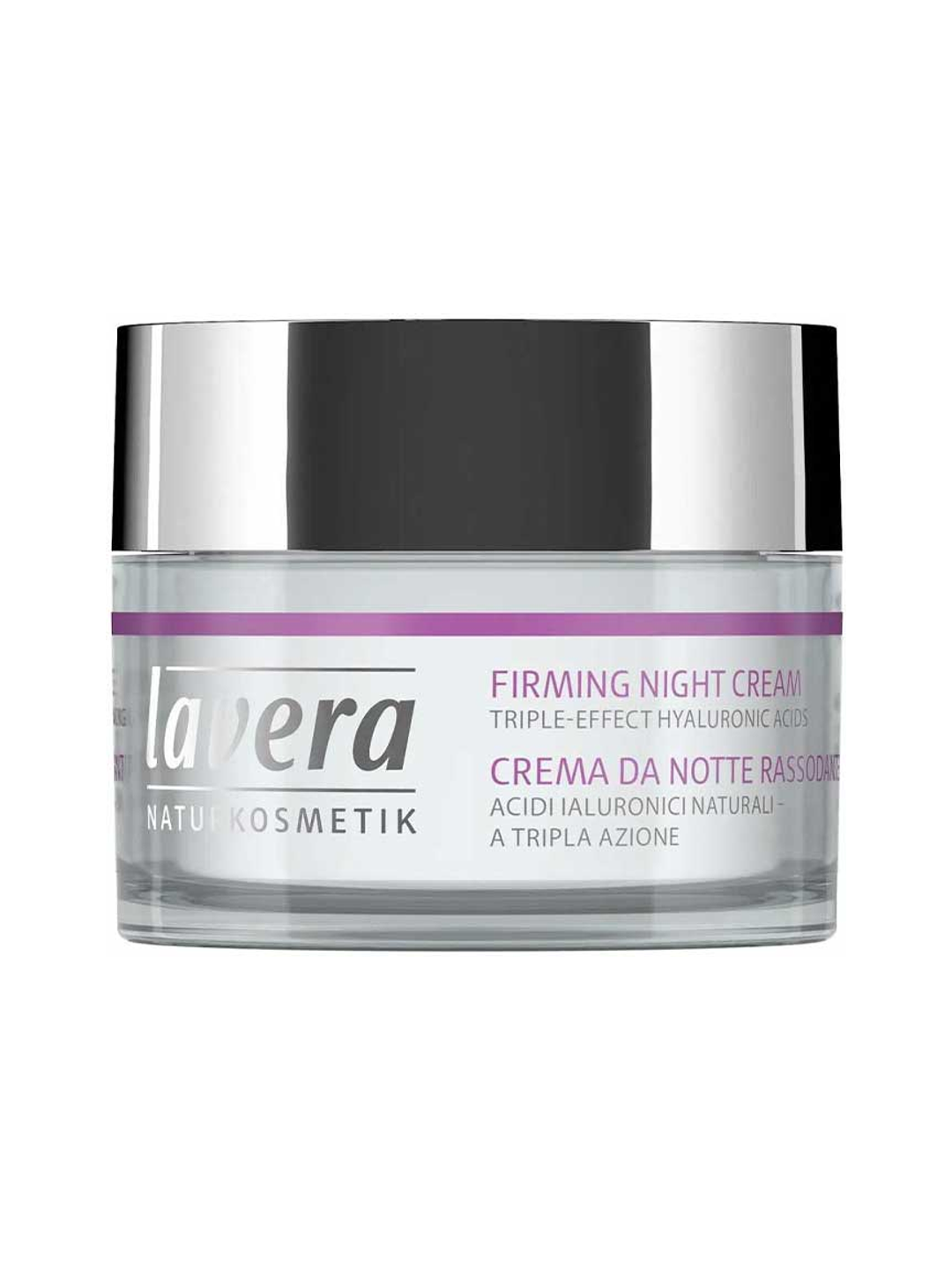 Low clear Lavera Firming Night Cream jar with a wide reflective silver lid and a pale label bordered by purple stripes, with purple product lettering.
