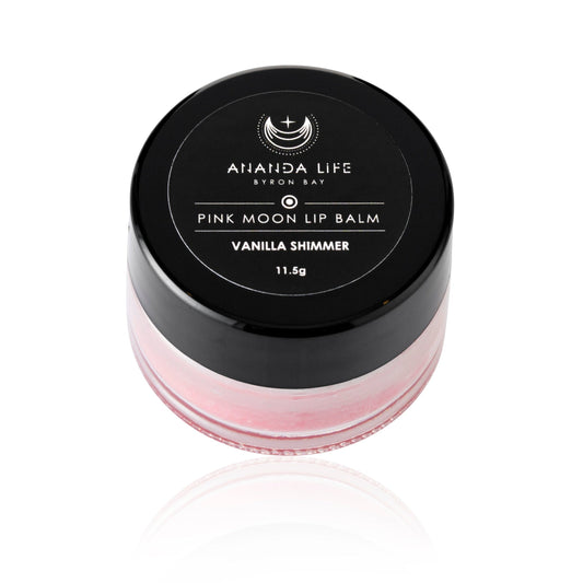 Ananda Life Pink Moon Shimmer Lip Balm with natural pink shimmer and nourishing botanicals
